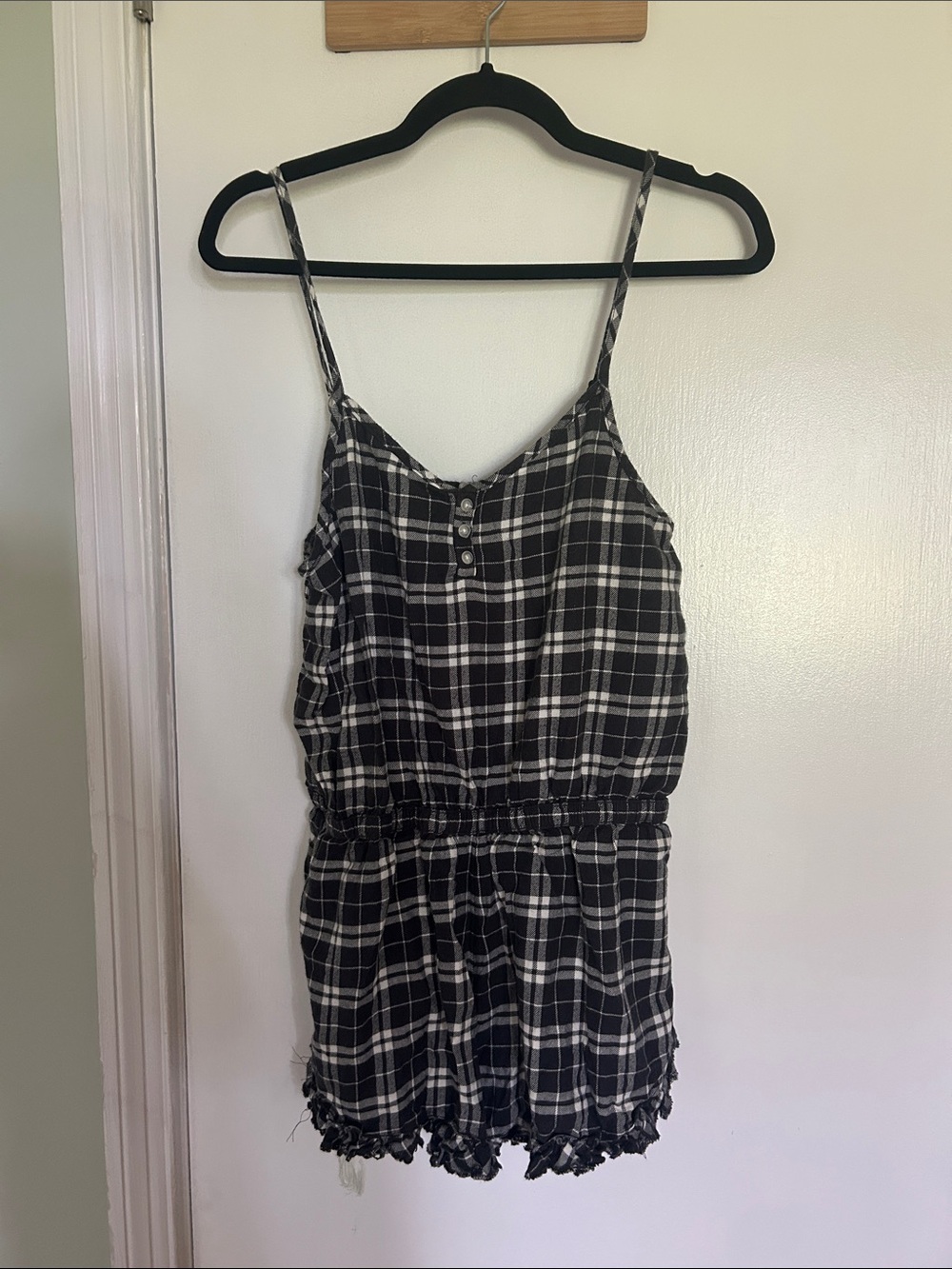 Black and White Plaid Spaghetti-Strap Lounge Romper